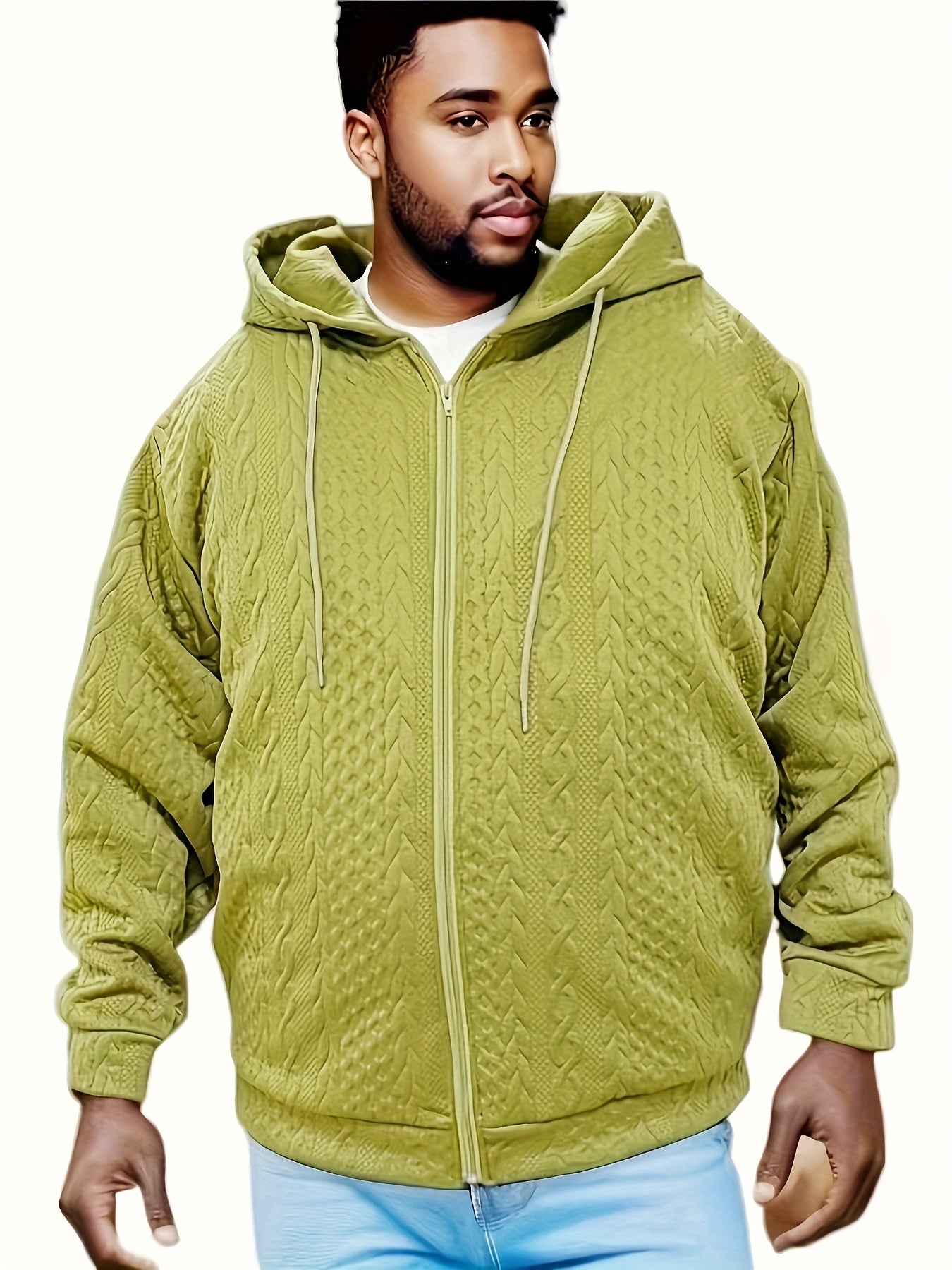 Plus Size Men's Solid Jacquard Hoodies Fashion Casual Hooded Jacket For Fall Winter, Men's Clothing