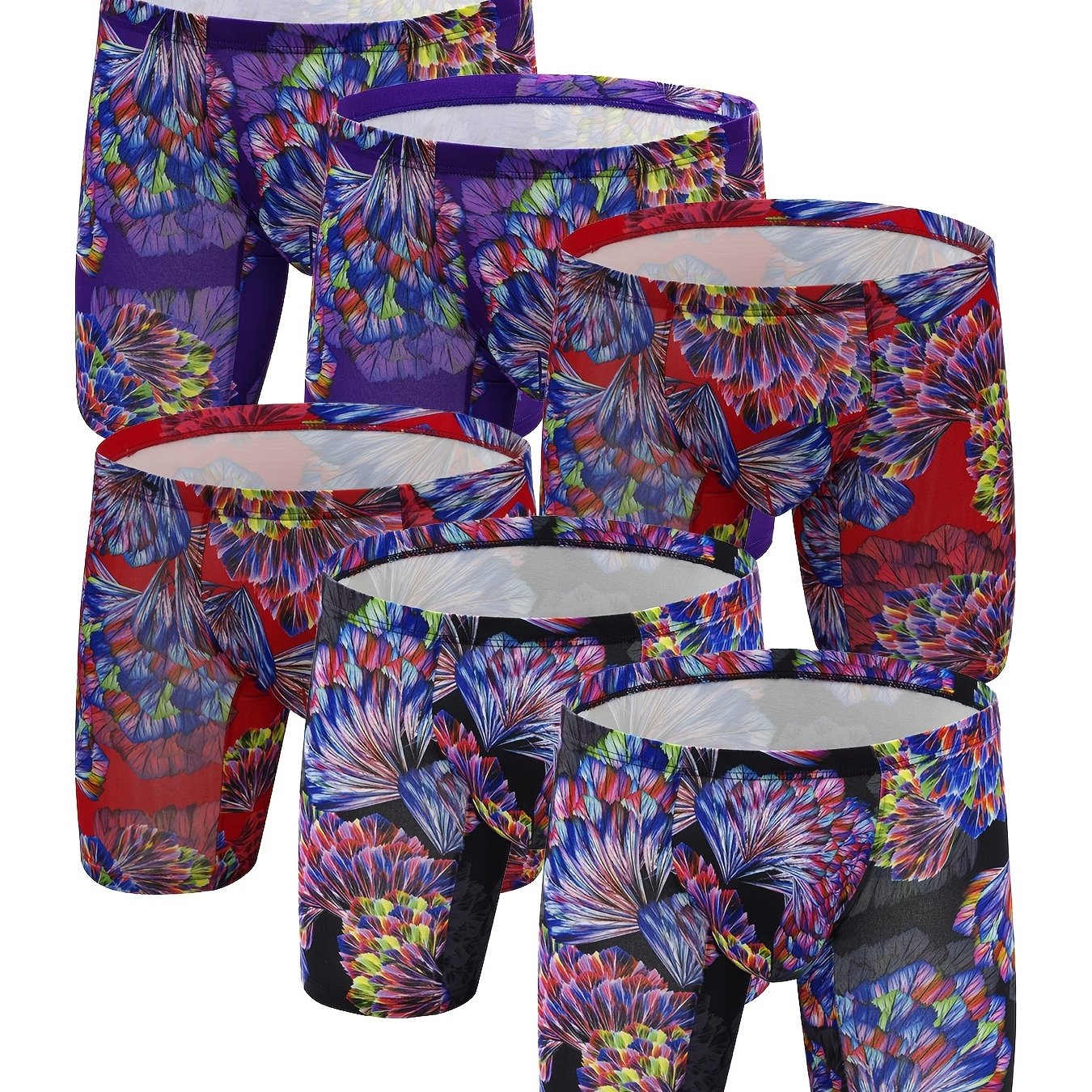 6 peças masculinas com padrão de flores, personalidade da moda, cuecas boxer de perna longa, respiráveis, confortáveis, de secagem rápida e elásticas, cuecas boxer em forma de U, calcinhas com bolsa convexa em forma de U, roupas íntimas masculinas