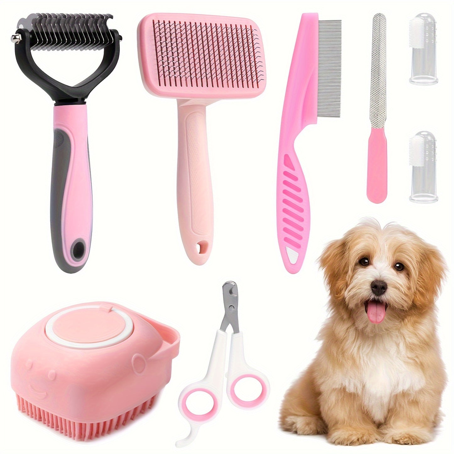 8pcs Dog Brush Grooming Set, Pet Cleaning Set With Pet Nail Clipper And File, Flea Comb, Pet Shampoo Brush, Pet Hair Removal Brush And Silicone Toothbrush