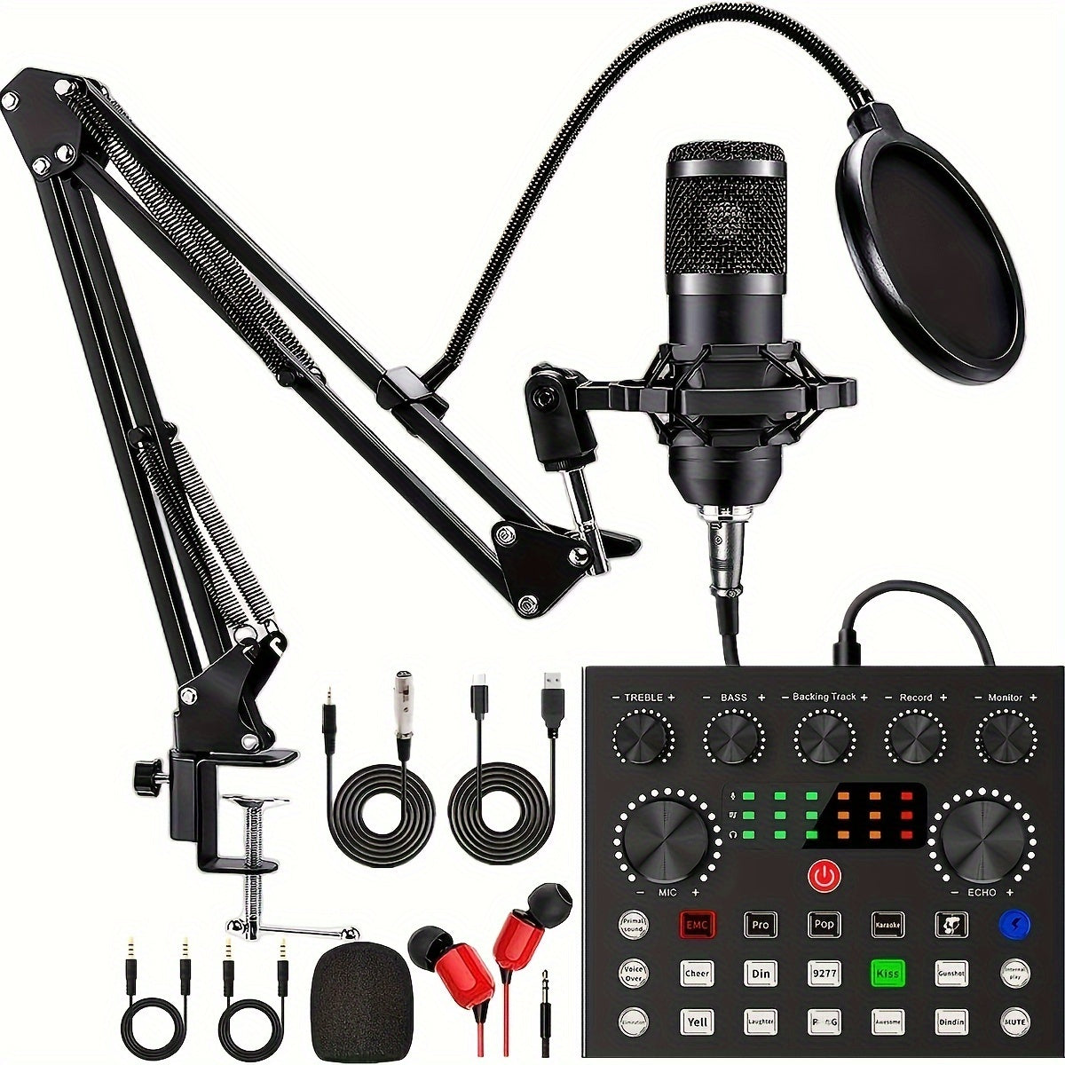 Pacote de equipamentos de podcast, com microfone de podcast BM800 e placa de som V8, trocador de voz - interface de áudio - perfeito para gravação, canto, streaming e jogos