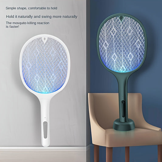 1pc, Electric Fly Swatter 3500V Bug Zapper Racket, 2 In 1 Fly Zapper Mosquito Killer Lamp With USB Rechargeable Base And 3-Layer Safety Mesh For Bedroom Kitchen Patio And Outdoors, Pest Control, Apartment Essentials, Household Gadgets