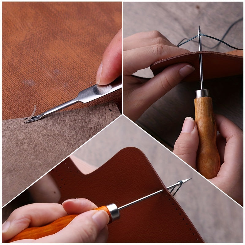 Kit de réparation de couture en cuir, 5 couleurs de fil ciré, aiguilles à coudre à la main en cuir avec rainureuse en cuir, poinçon à coudre et autres outils en cuir pour les débutants en cuir bricolage