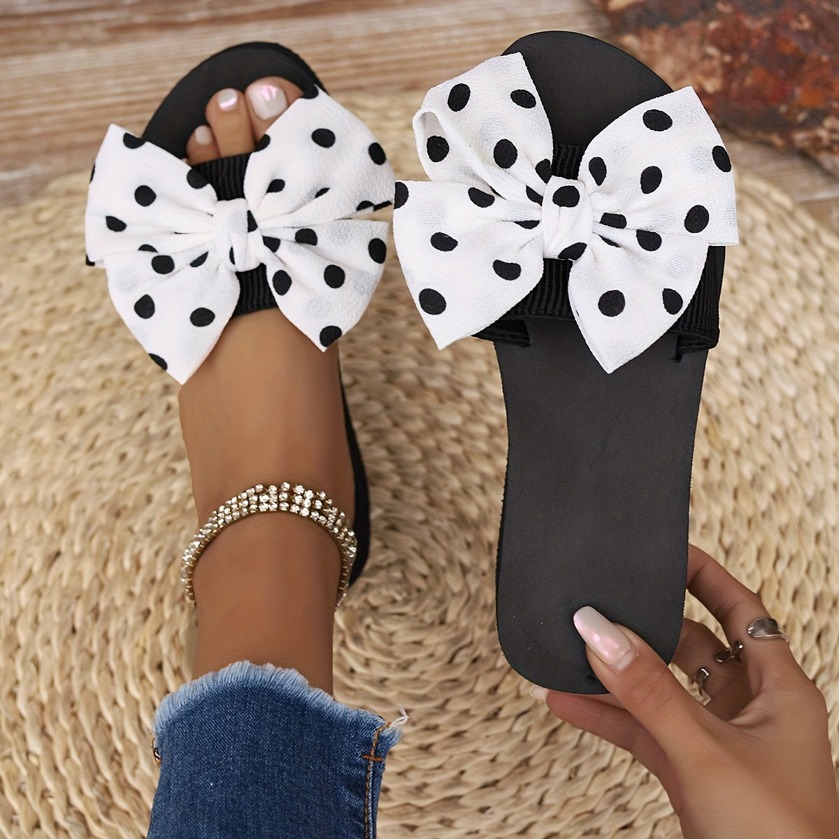 Women's Polka Dot Pattern Bowknot Sandals, Slip On Soft Sole Platform Wear-resistant Shoes, Non-slip Beach Wedge Shoes