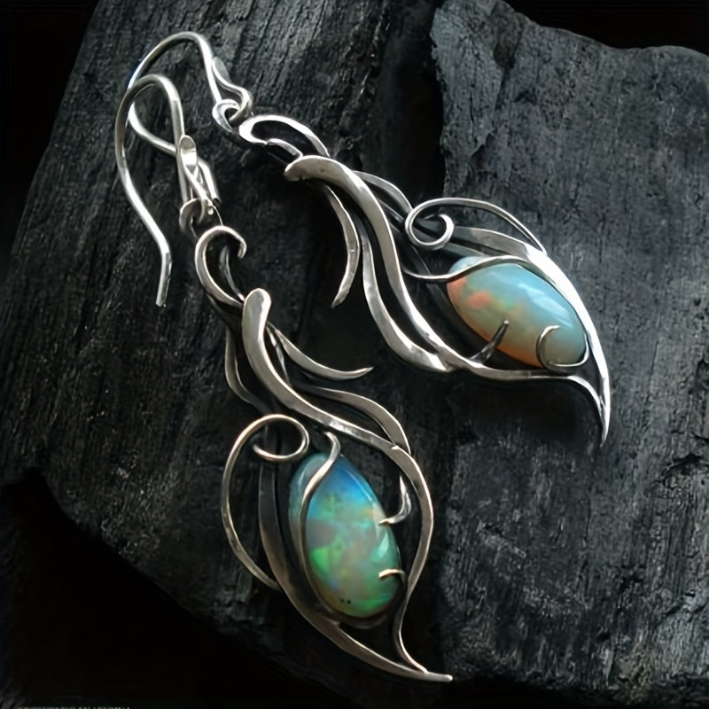 Vintage Oval Opal Decor Fire Design Dangle Earrings Bohemian Elegant Style Silver Plated Jewelry Creative Ear Ornaments