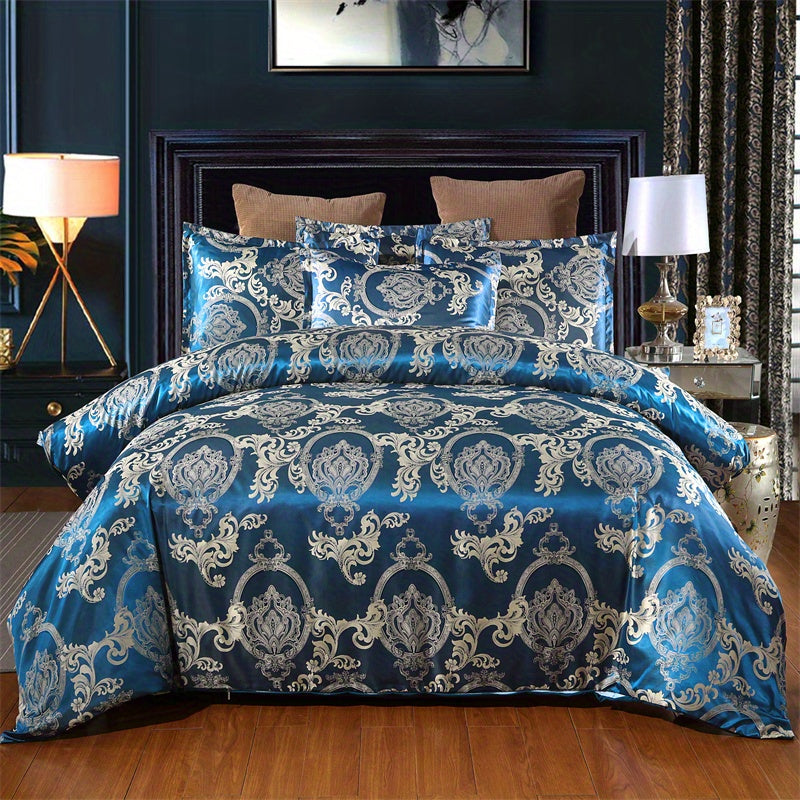 Conjunto luxuoso de capa de edredom jacquard de cetim europeu de 3 peças - roupa de cama macia e sedosa para quarto e quarto de hóspedes (capa de edredom de 1 peça + fronhas de 2 peças)