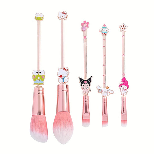 5pcs Cute Makeup Brush Set - Cartoon Decor Fluffy Blush Eyeshadow Powder Makeup Brushes With Metal Handle - Cosplay Gift For Fans Young Girl Women