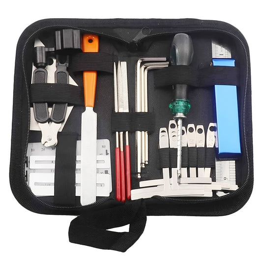 Complete Guitar Maintenance Kit - Includes String Winder, Cutter, Pin Puller, Fret Rocker, and Leveling File for Easy Repairs and Cleaning