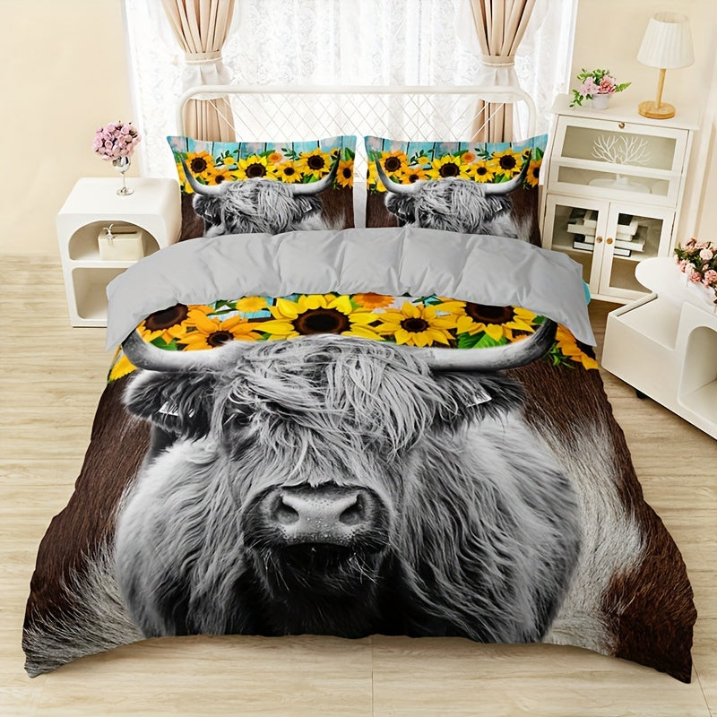 3pcs Soft and Comfortable Highland Cow Sunflower Print Duvet Cover Set for Bedroom and Guest Room - Includes 1 Duvet Cover and 2 Pillowcases (Core Not Included)