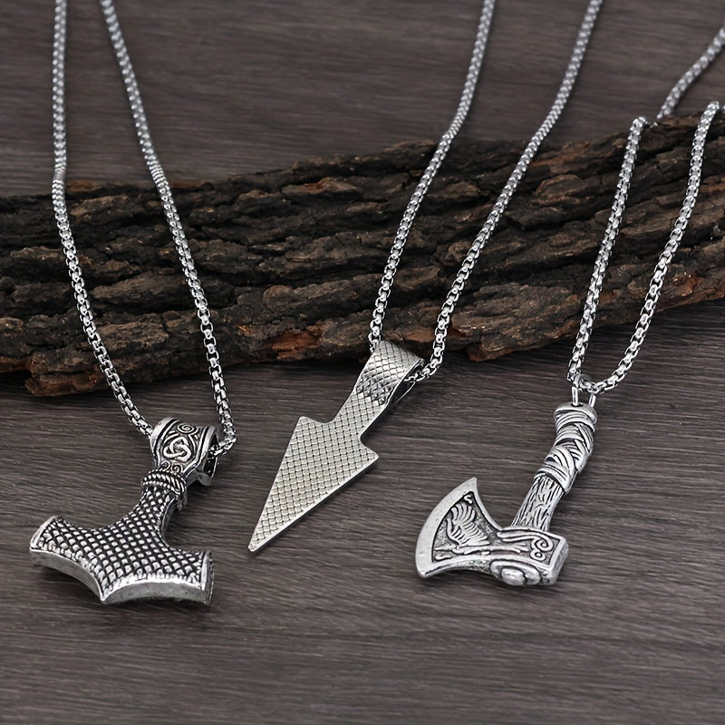 3pcs Viking Style Necklaces For Men, Hammer Compass Celtic Knot Wolf Ax Pendant Necklace, Nordic Amulet Pendant Necklace Holiday Jewelry Gift