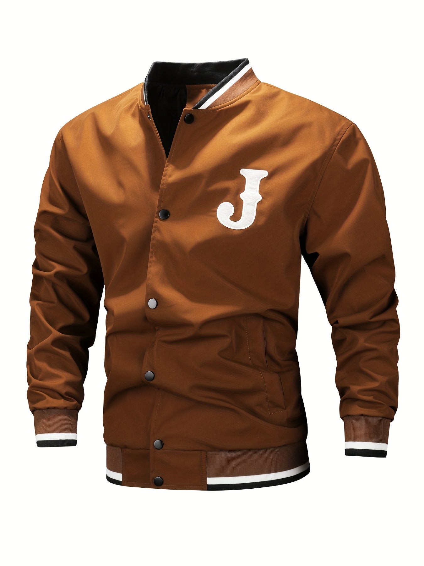 Men's Casual Letter Print Varsity Jacket, Chic Baseball Collar Button Up Bomber Jacket