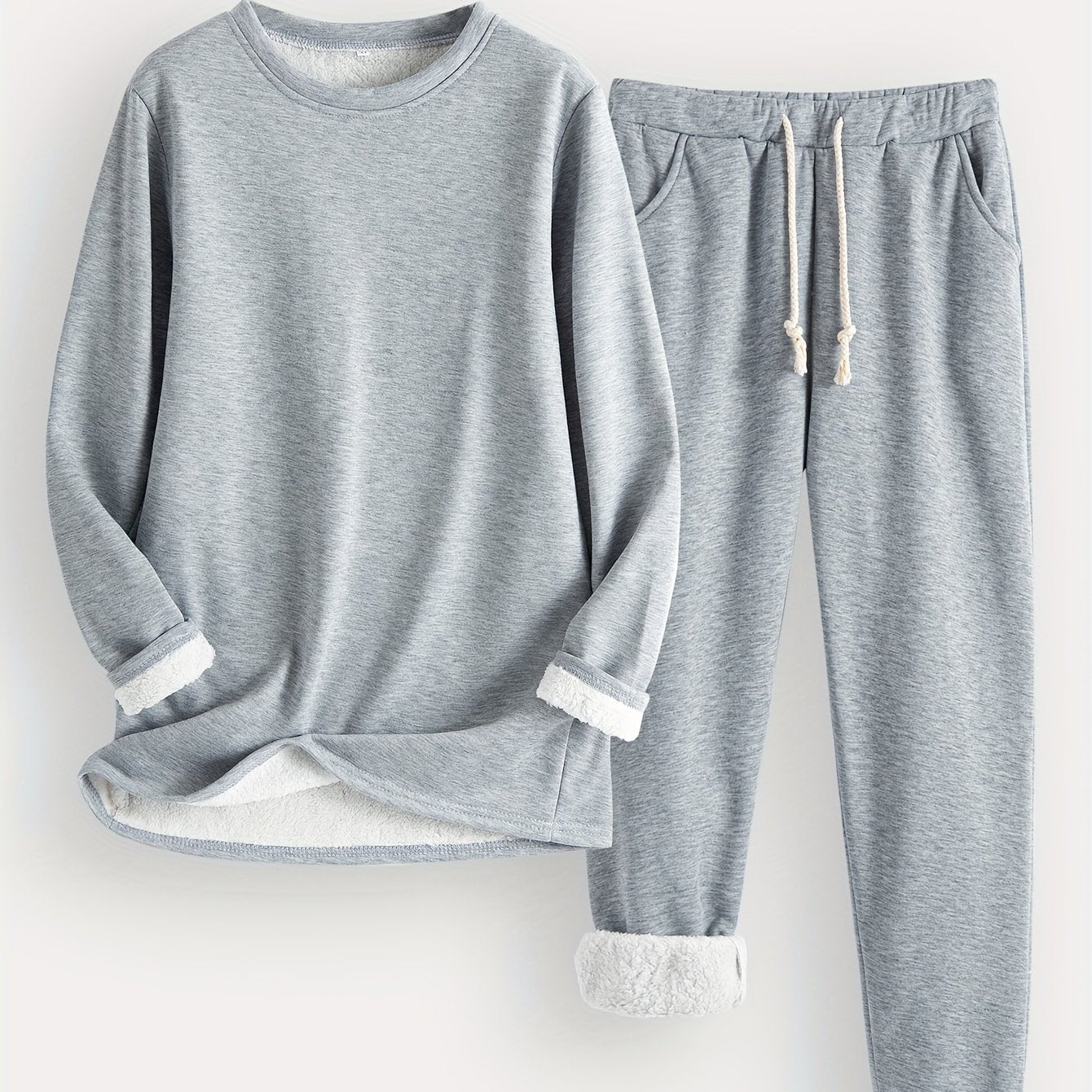 Zweiteiliges Set mit Rundhals ausschnitt Langarm Sweatshirt und Kordel zug hose lässig solide, zweiteiliges Set, Damen bekleidung