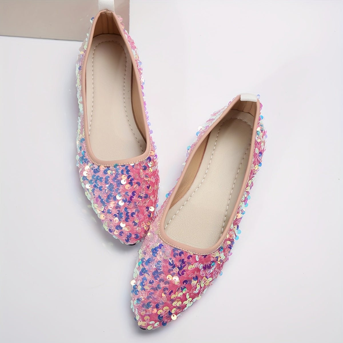 Women's Sequins Flat Shoes, Fashion Pointed Toe Soft Sole Shoes, All-Match Slip On Flats