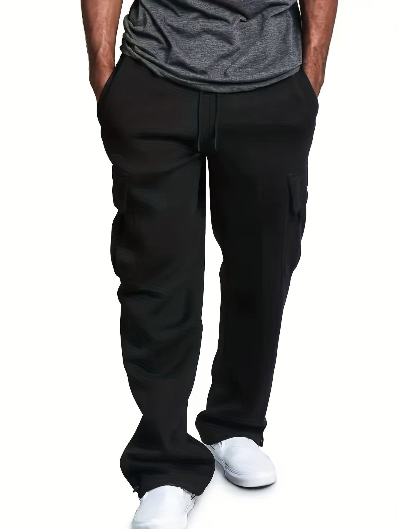 Plus Size Men's Relaxed Fit Cargo Trousers With Pockets, Oversized Casual Drawstring Pants For Big And Tall Guys