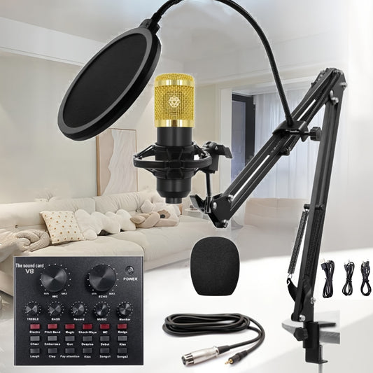 BM800 Microphone V8 Sound Card Set Equipment Full Set Mobile Phone Notebook Computer Recording KTV Singing Mobile Computer Universal Live Cantilever Bracket Anti-spray Net Equipment Capacitor Recording Studio Microphone