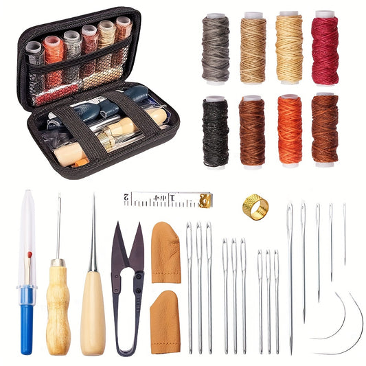 28\u002F32pcs Leather Sewing Kit, Leather Working Tools And Supplies, Leather Working Kit With Large-Eye Stitching Needles, Waxed Thread, Leather Upholstery Repair Kit, Leather Sewing Tools For DIY Leather Craft