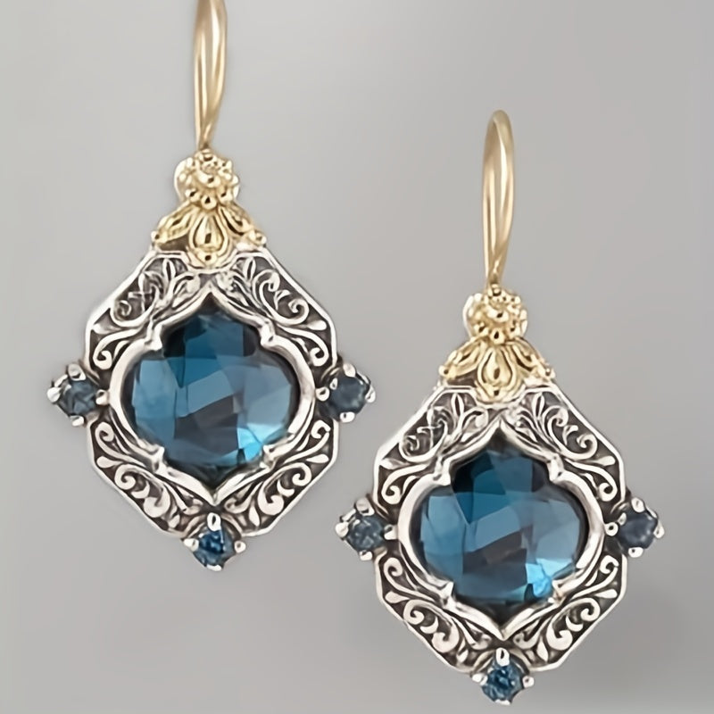 Carved Rhombus Shape Blue Synthetic Gems Decor Dangle Earrings Retro Elegant Style Alloy Jewelry Delicate Female Ear Ornaments