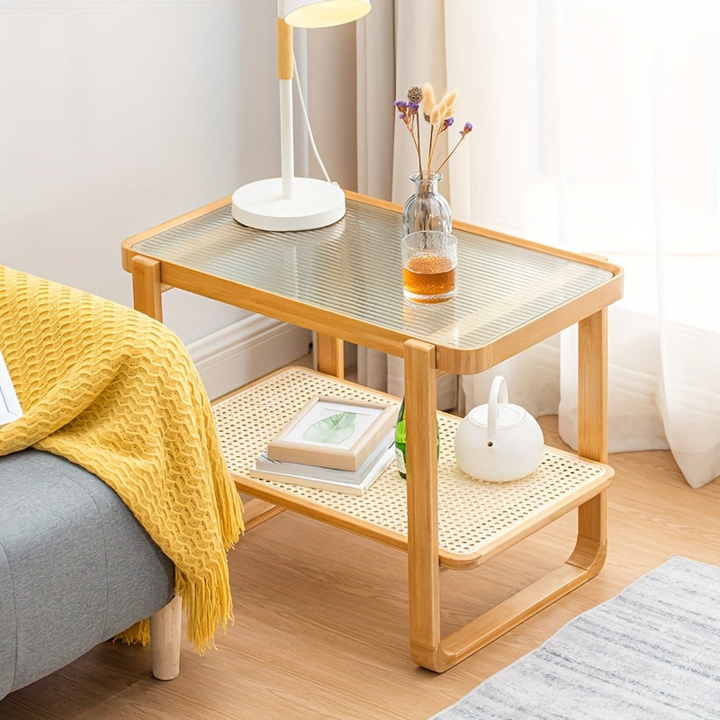 1pc Sea Shipping. Sofa Side Table, Minimalist Living Room Mini Balcony Small Coffee Table, Log Color Glass Bedside Table Rattan Braided Corner Table