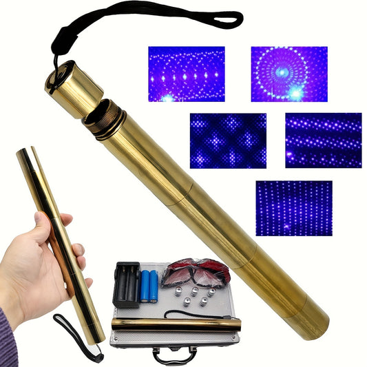 Portable Copper Blue Light Laser Pointer Flashlight, Suitable For Camping, Hunting, Hiking, Outdoor Activities, With 5 Stars Pattern Caps