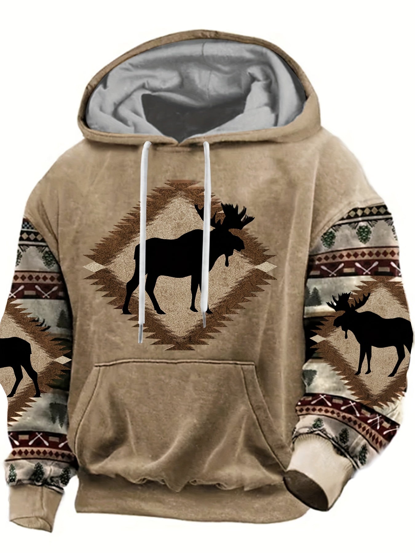 Plus Size Men's Stylish Loose Deer Pattern Hoodie With Pockets, Casual Breathable Long Sleeve Hooded Sweatshirt For City Walk Street Hanging Outdoor Activities, Men's Clothing