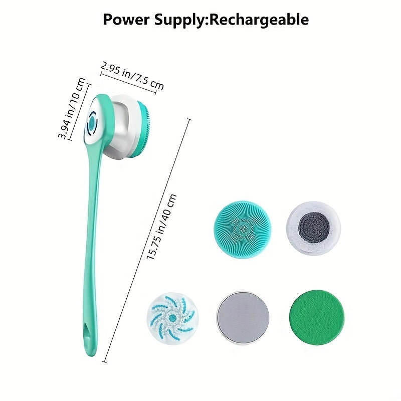 Brosse de bain électrique rechargeable pour le corps avec long manche et 5 têtes de brosse faciale pour douche-Nettoyeur de corps en silicone imperméable pour nettoyage en profondeur et exfoliant-Idéal pour les femmes et les hommes