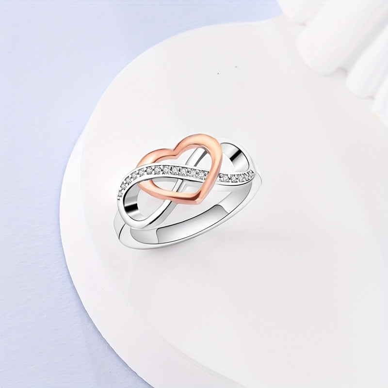 925 Sterling Silver Ring 18k Gold Plated Trendy Heart + Infinity Design Paved Shining Zirconia Match Daily Outfits Party Accessory Perfect Gift For Female High Quality Jewelry