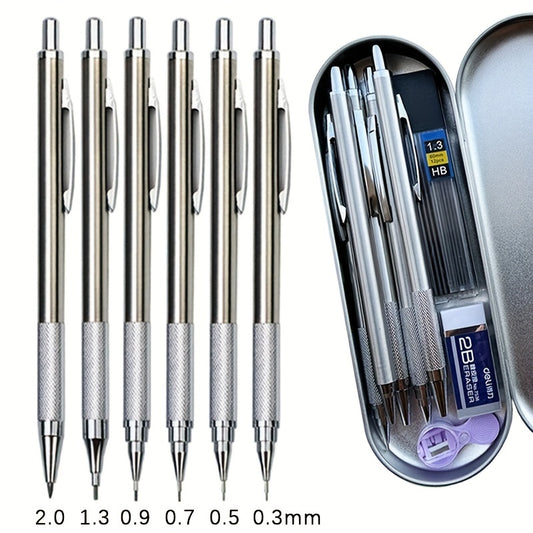 6pcs Metal Mechanical Pencil With Pen Box Lead Eraser Pencil Sharpener Set 0.3 0.5 0.7 0.9 1.3 2.0mm Art Sketch Automatic Pencil