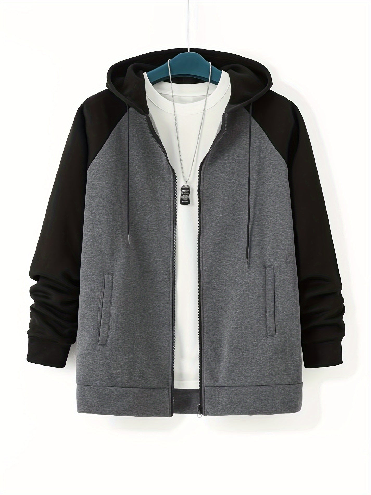 Plus Size Men's Full Zip Hoodies, Color Block Long Sleeve Drawstring Jacket Best Sellers