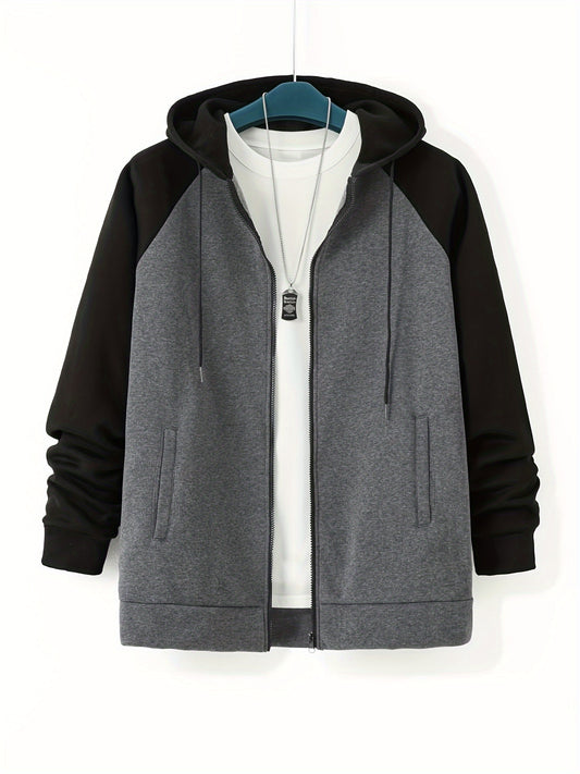 Plus Size Men's Full Zip Hoodies, Color Block Long Sleeve Drawstring Jacket Best Sellers