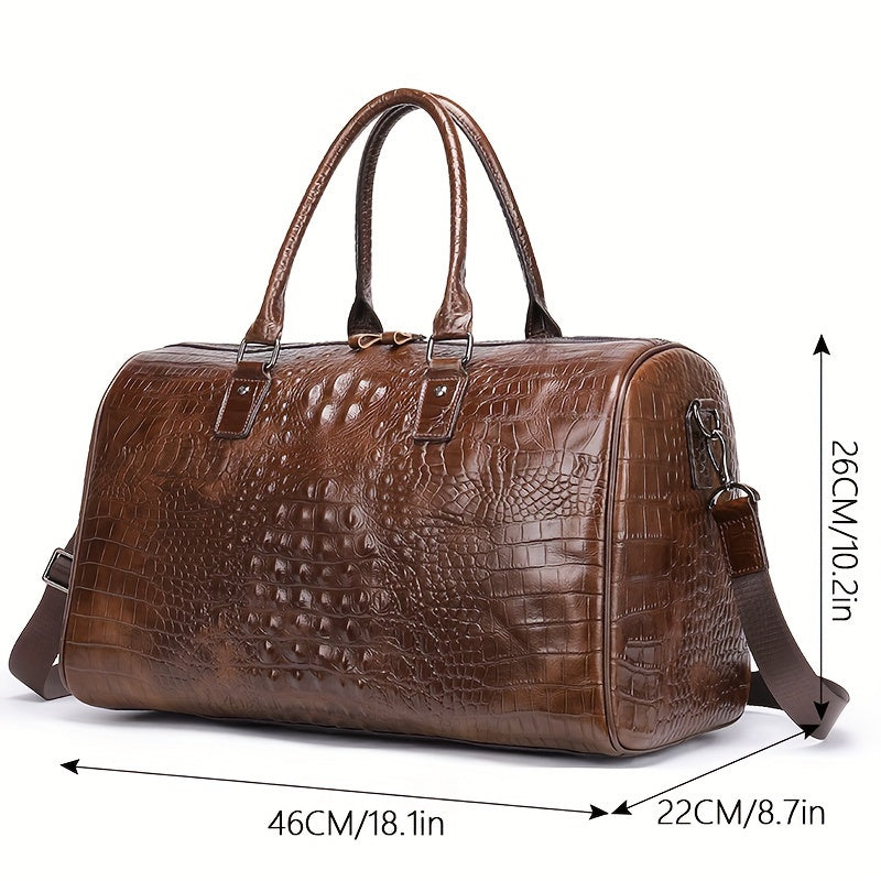 1pc Men's Crocodile Pattern Travel Bag, Casual Top Layer Cowhide Traveling Large Bag