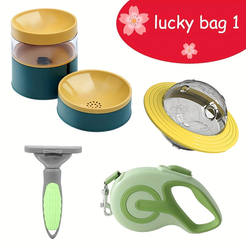 2024 Lucky Bag, 4pcs Dog Supplies, Integrated Raised Dog Food And Water Feeder Set, Retractable Handheld Pet Leash, Pet Dog Deshedding Comb And Flying Disc Shaped Food Leakage Ball Toy