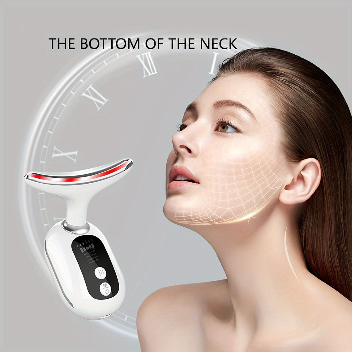 Neck Beauty Instrument, Triple Colour Light Face & Neck Massage Beauty Instrument USB Rechargeable, White, Gift For Women