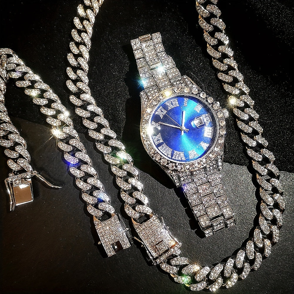 Fashion Silver Blue Watch Set Gift Box Men's Ice Inlaid 12mm Cuban Chain Necklace Bracelet Watch Set Hip Hop Chain Ice Jewelry Men's Jewelry Watch