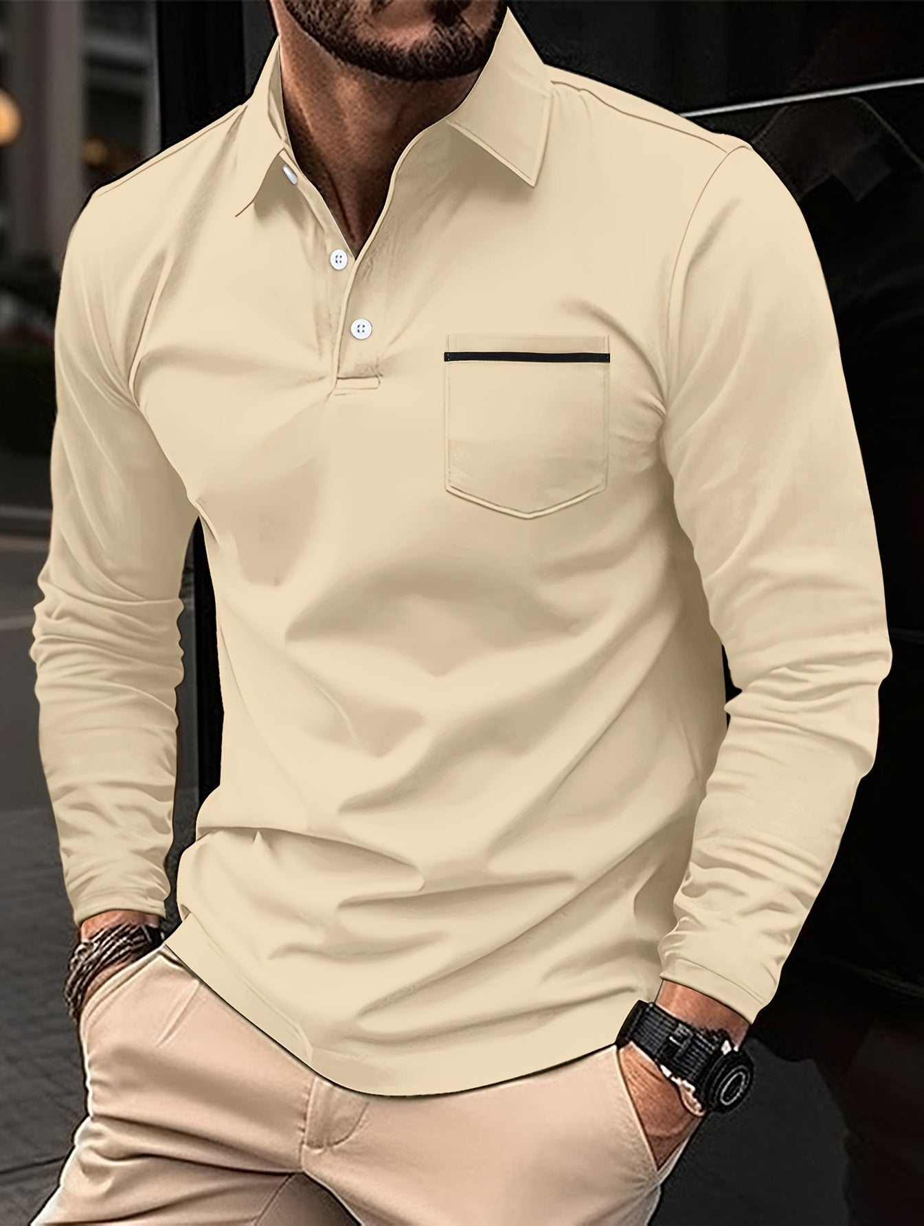 Camisa masculina de lapela de manga comprida básica madura de cor sólida com bolso no peito, esportes de golfe primavera outono