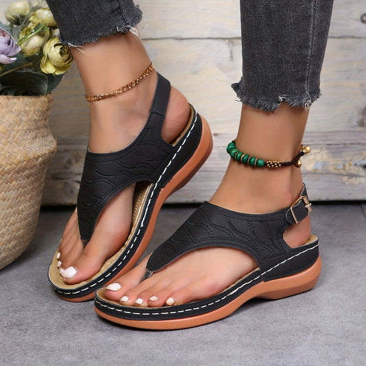 Women's Buckle Strap Wedge Flip Flops, Solid Color Non-slip Beach Slides Shoes, Casual Open Toe Slippers