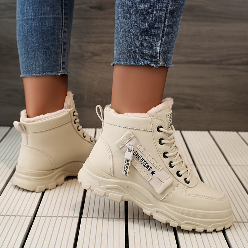 Women's Solid Color Platform Sneakers, Casual Lace Up Side Zipper Outdoor Shoes, Comfortable Plush Lined Shoes