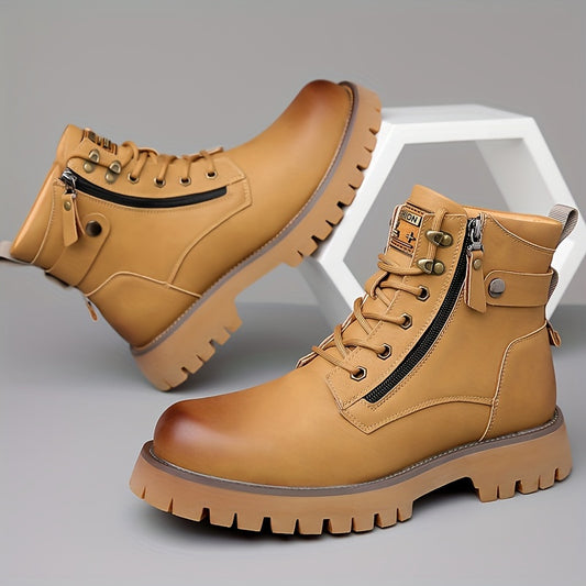 Men's Trendy Solid High Top Boots With Side Zipper, Comfy Non Slip Durable Casual Shoes For Men's Outdoor Activities