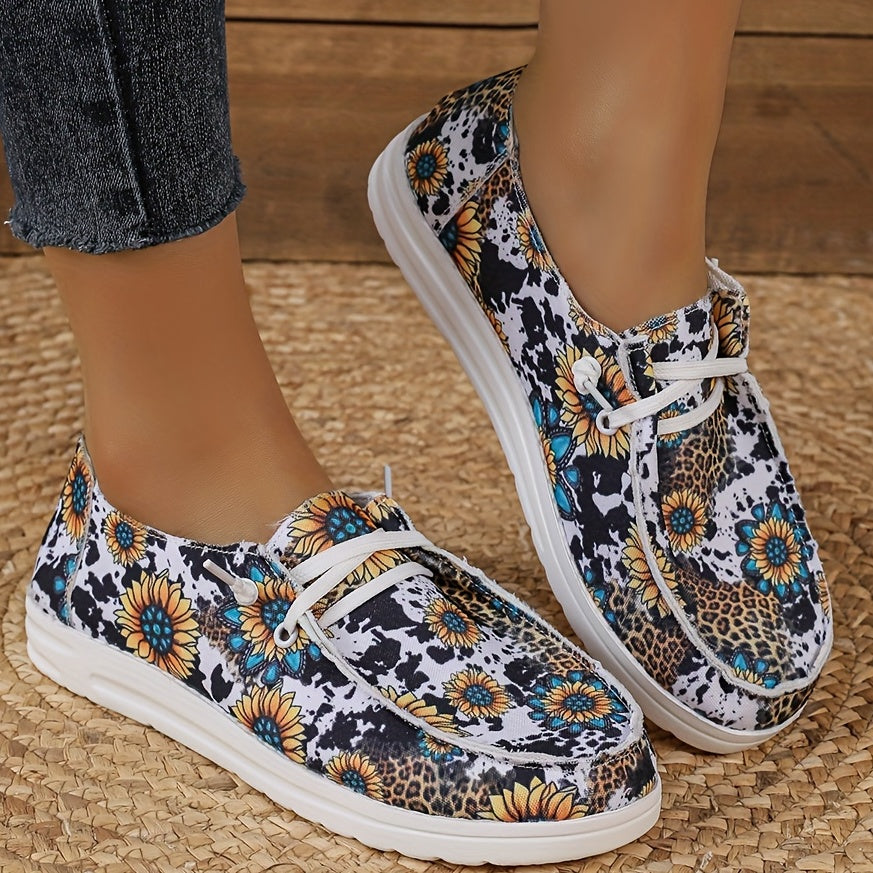 Women's Floral Pattern Canvas Loafers, Slip On Round Toe Lace Up Shoes, Casual & Lightweight Outdoor Shoes