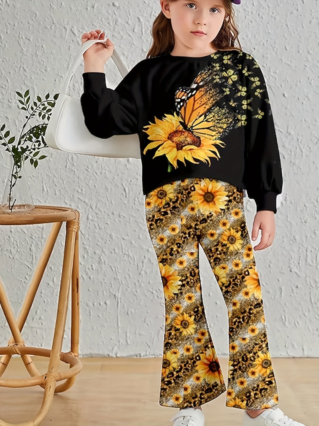Sweet Girls 2pcs Butterfly Sunflower Graphic Pullover + Flare Pants Set Outdoor Gift