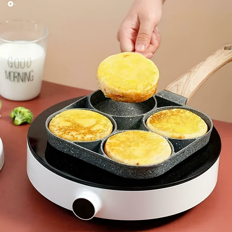 1pc Four-hole Fried Egg Pot, Household Non-stick Fry Pan For Egg, Non Stick Ham Pancake Maker, Egg Burger Pan With Wooden Handle