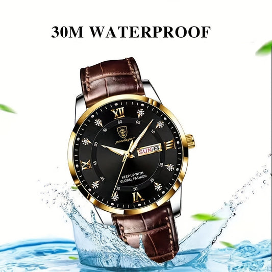 POEDAGAR Waterproof Luminous Calendar PU Leather Men's Watches, Trendy Quartz Watches For Men, Ideal choice for Gifts