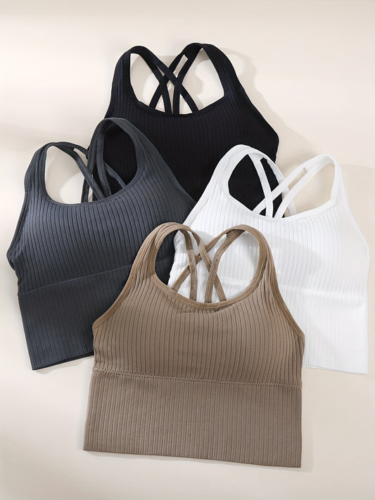 4pcs Solid Ribbed Cami Tops, Casual & Comfy Criss Cross Back Top, Women's Lingerie & Underwear