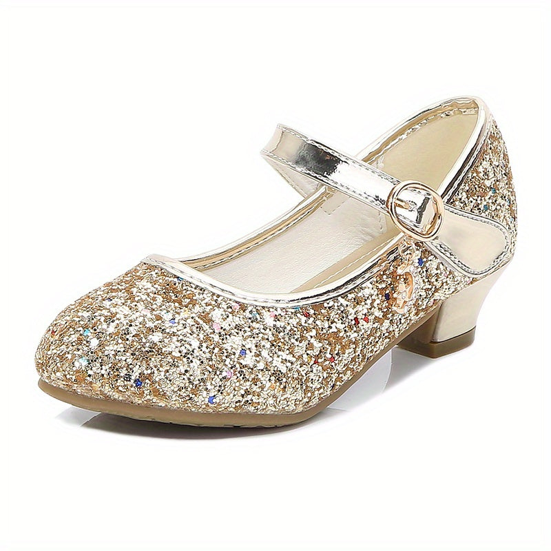 Kids Teenagers Girl's Low Heel Shoes, Shiny Sequins Princess Dress Shoes For Party, Spring And Summer