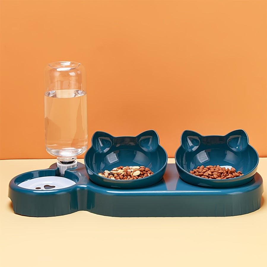 Automatic Pet Bowls With Water Feeder, 3 In 1 Ear Design Tilted Cat Water And Food Bowl Set With Gravity Water Bottle For Neck Protection