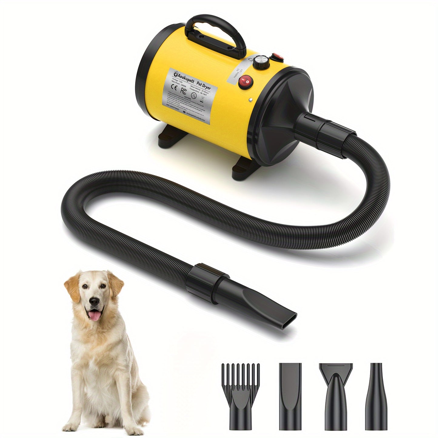 Secador de perro Aookupett para secador de perro de aseo, 2800w \ u002F3.8HP Secador de alta velocidad para perros, secador de mascotas de velocidad ajustable sin escalonamiento, secador de pelo de perro para gato y perro con calentador, 4 boquillas, hoga