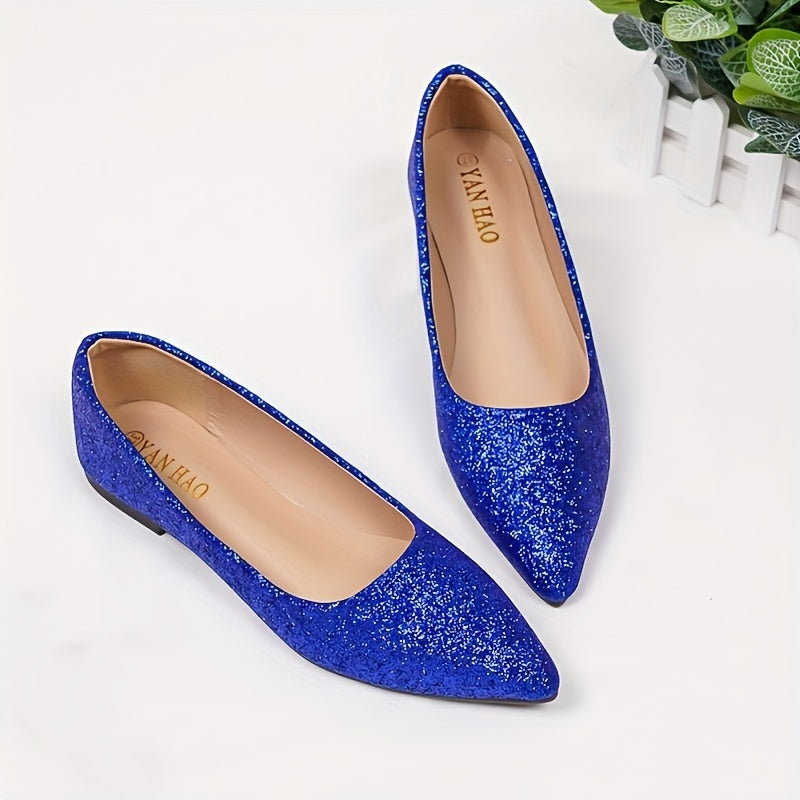 Women's Glitter Design Flat Shoes, Elegant Point Toe Slip On Shoes, Lightweight & Comfortable Shoes