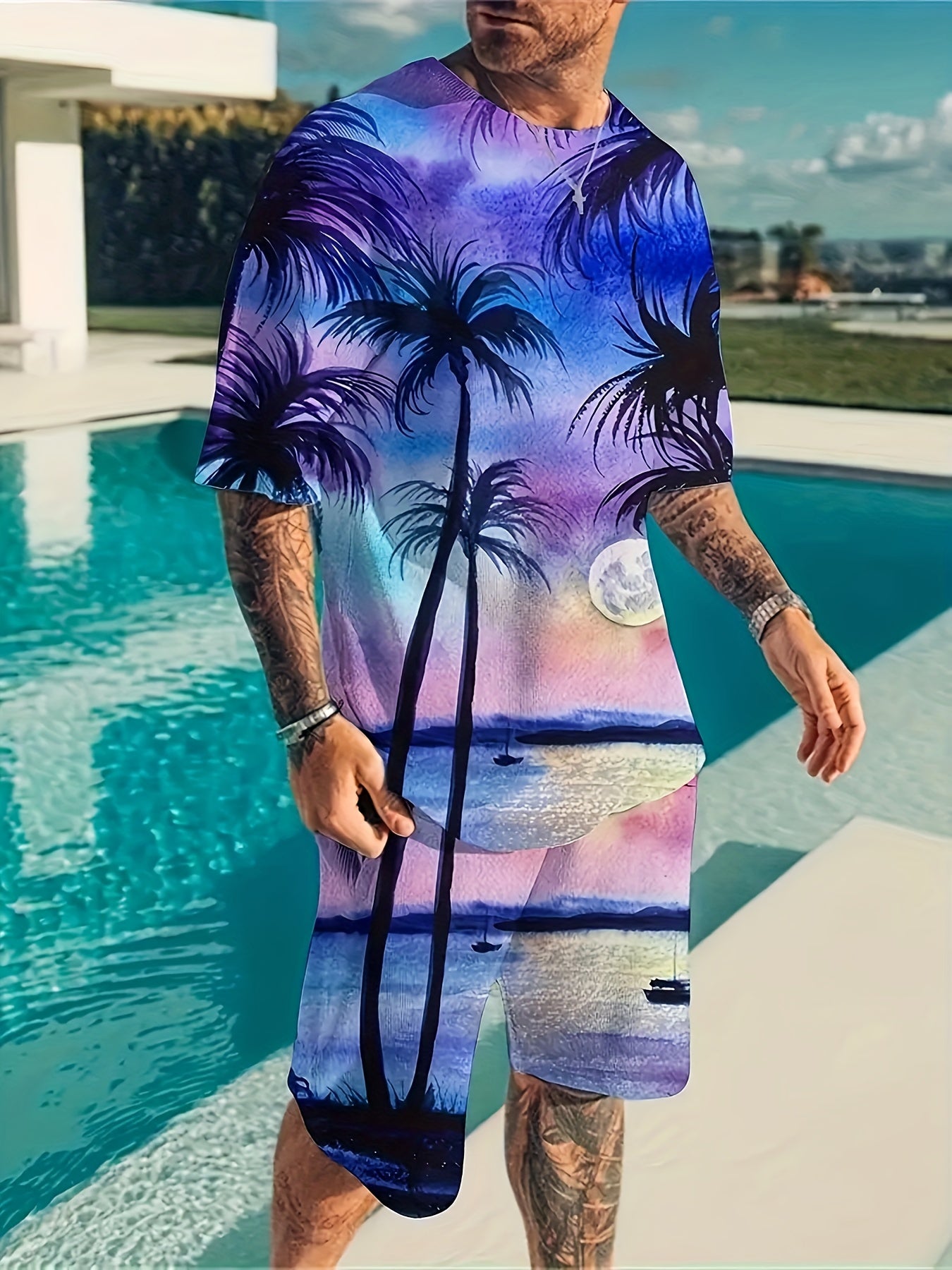 Men's Simple Style Casual Coconut Tree Pattern Pajamas Sets, Short Sleeve Crew Neck Top & Loose Shorts Lounge Wear, Outdoor Sets For Spring Autumn