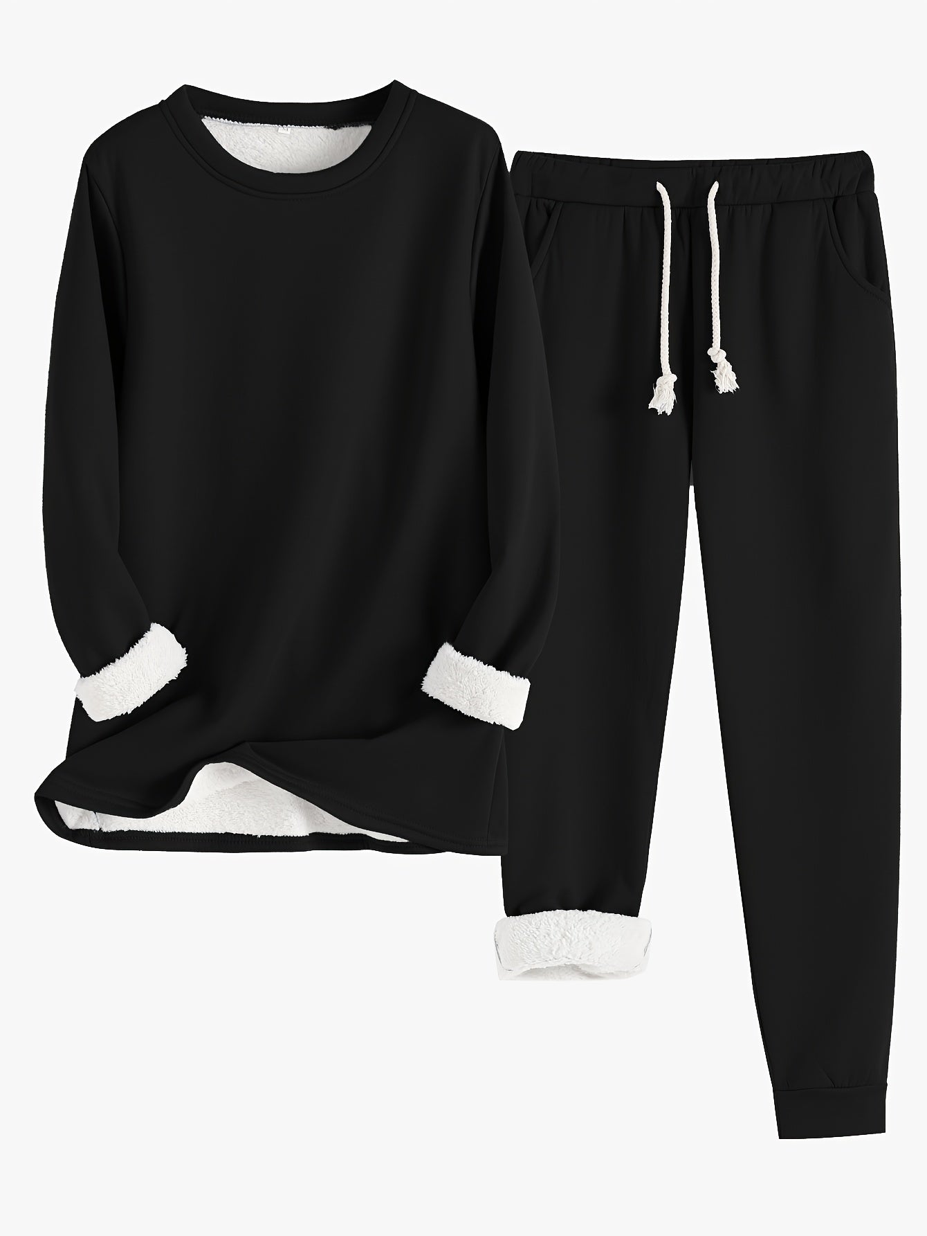 Casual Solid Thermal Two-piece Set, Crew Neck Long Sleeve Sweatshirt & Drawstring Pants Outfits, Women's Clothing