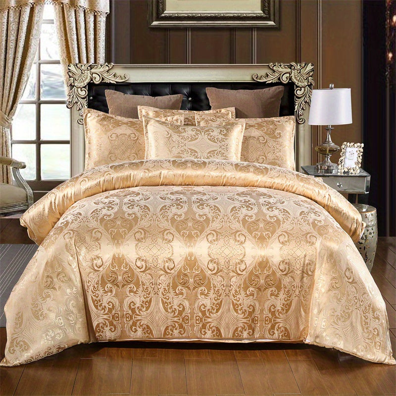 Conjunto luxuoso de capa de edredom jacquard de cetim europeu de 3 peças - roupa de cama macia e sedosa para quarto e quarto de hóspedes (capa de edredom de 1 peça + fronhas de 2 peças)