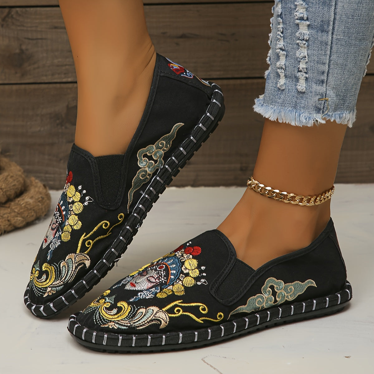 Women's China Peking Opera Embroidered Flats, Casual Breathable Cloth Slip On Shoes, Lightweight Low Top Flats