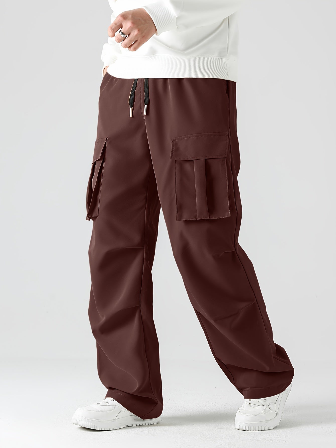 Men's Stylish Solid Color Multiple Pockets Cargo Pants, Casual Drawstring Oversized Loose Pants For Spring Fall Plus Size